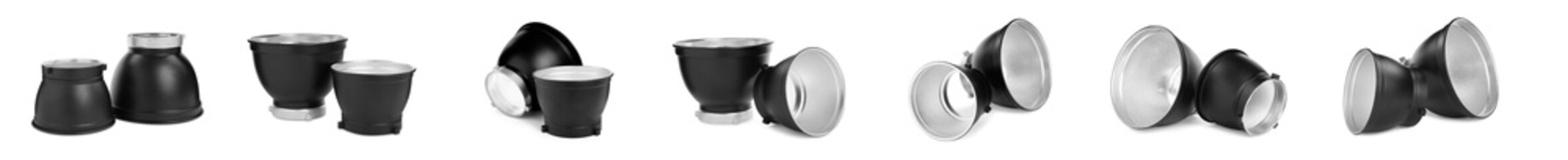 Set with studio flash light reflectors on white background. Banner design