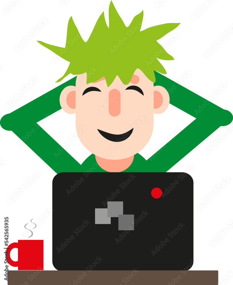 Sticker Man in front of a computer laughs, icon, vector on white background.