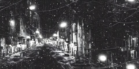 The city street is shrouded in a winter evening. A layer of frost coats the ground, and a few flakes of snow are lazily drifting through the air. The lampposts give off a warm yellow glow, providing p - obrazy, fototapety, plakaty