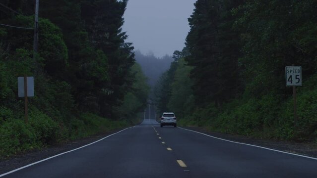 Slowmotion shot of car driving down dark forested two lane highway in coastal Oregon on foggy morning