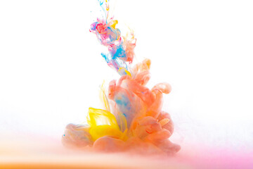 Acrylic colors and ink mixing in water. Abstract frame background isolated on white background