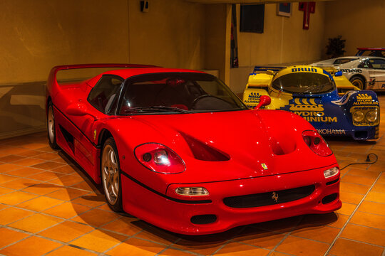 FONTVIEILLE, MONACO - JUN 2017: red FERRARI F50 GT 1995 in Monaco Top Cars Collection Museum
