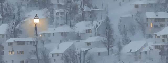 It's a winter night and the watercolor apartment buildings are lit up. The colors are muted and there's a peaceful feeling to the scene.