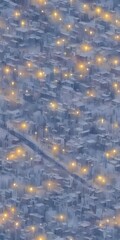 The buildings are like icicles, and the moon is a great big light shining in between them.