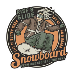 Obraz premium Snowboarder on a snowy mountain. Winter season extreme sport. Emblem about snowboarding