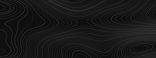 Black, white abstract topographic map with lines and circles background. Topographic map and place for texture. Topographic gradient linear background with copy space. Vector illustration.