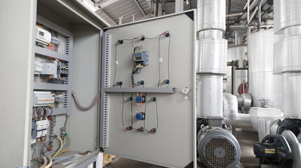 Industrial panel control  in the factory, panel open for maintenance.