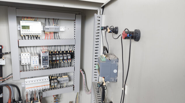 Industrial panel control  in the factory, panel open for maintenance.