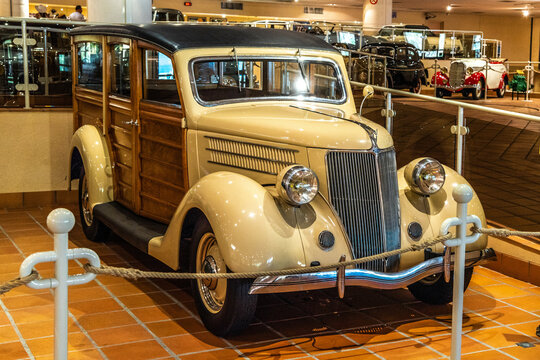 FONTVIEILLE, MONACO - JUN 2017: beige FORD BREAK DE CHASSE 68 1937 in Monaco Top Cars Collection Museum