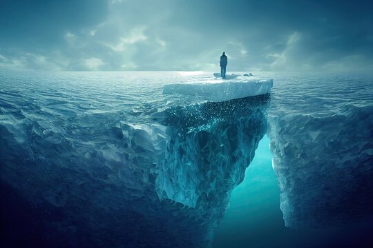 Man on iceberg in Antarctica floating on the arctic ocean in clear underwater view with copy space. Climate change and global warming are causing icebergs to melt, threatening life on earth.