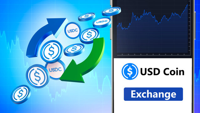 USD coin exchange. Buying and selling USD coin. Crypto US dollar. App concept for USDC exchange. Trading stablecoin. Electronic USD coin technology. Stablecoin dollar. Stable Cryptocurrency. 3d image
