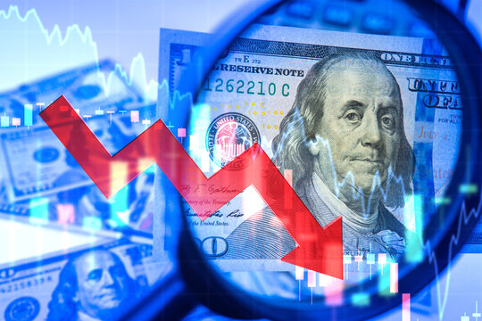 Dollar Inflation. Graph Declining Demand For US Currency. Red Down Arrow Inflation. Falling Income From American Bonds Concept. Magnifying Glass Torn By Banknotes. Financial Inflation. 3d Image.