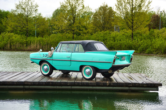 FRIEDRICHSHAFEN - MAY 2019: azure AMPHICAR 770 1961 cabrio at Motorworld Classics Bodensee on May 11, 2019 in Friedrichshafen, Germany