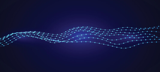 Wave music line of flowing particles abstract vector on dark blue background, smooth curvy shape circle dots fluid array. 3d shape dots blended mesh, future  5g technology relaxing wallpaper.	

