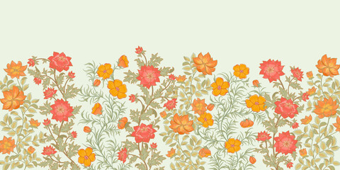 Floral spring background in soft green, pink, orange shades. Flowers and herbs. Wallpaper design, banner, cover, border, text background. Is not seamless.