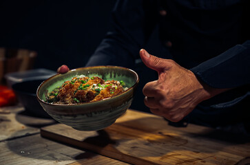 Japanese Katsudon Food, pork cutlet rice bowl ,Dark Tone