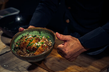 Japanese Katsudon Food, pork cutlet rice bowl ,Dark Tone