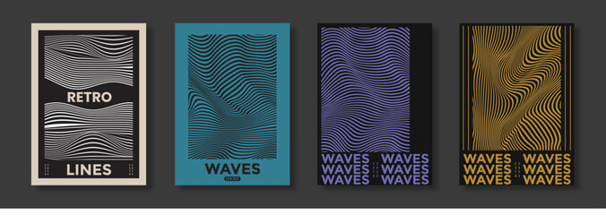 Collection of modern abstract posters with optical waves. In techno style, psychedelic design, prints for T-shirts and hoodies. Isolated on black background	
