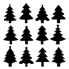 Christmas tree black silhouette collection. Different type and shapes fir-trees on white background. Template for laser, paper cutting, cards, flyers, print, scrapbook.
