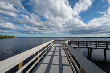 Boardwalk at West Lake in Everglades National Park, Florida on sunny autumn afternoon.