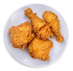 Fried chicken isolated on white With clipping path, Fried chicken on white dish ready to serve.