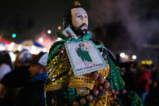Mexico City, Mexico, July 28, 2022. Devotees of San Judas Tadeo, fashionable saint in youth and adults, visit the San Hip&oacute;lito church, located in the Guerrero neighborhood, in the center of CDMX.