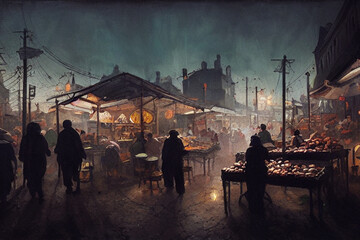 Painting of a medieval feudal township at night, crowds gathered in the town's centre digital illustration artwork 