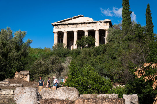 Detail closeup from the exterior of the Temple of Hephaestus, in the ancient Agora area of Athens. Agoras were central public spaces in ancient Greek city-states.