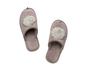 Top view of beige slippers isolated on a white background.