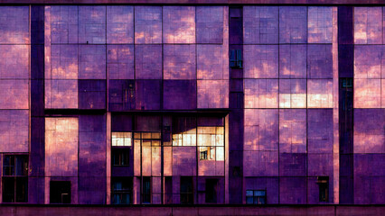 complex of office buildings illustration. The facade of the building in purple, geometric patterns from windows and balconies, the colored wall of a modern residential building purple evening scenery