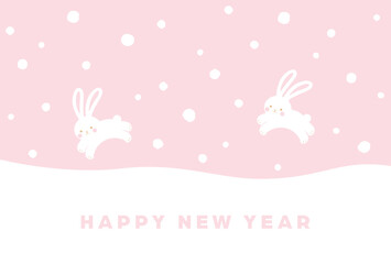 new years greeting card with falling snow and jumping rabbits, the Chinese or Japanese zodiac sign for 2023