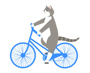 サイクリングを楽しむ自転車に乗るグレー猫　背景透明