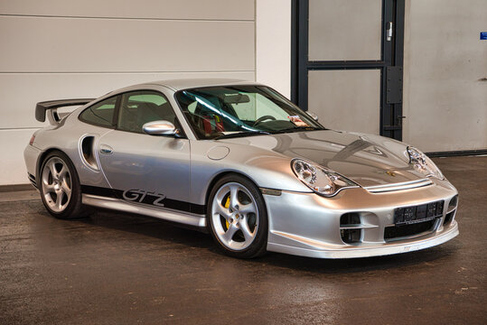 FRIEDRICHSHAFEN - MAY 2019: silver PORSCHE 911 996 GT2 TURBO 2001 coupe at Motorworld Classics Bodensee on May 11, 2019 in Friedrichshafen, Germany