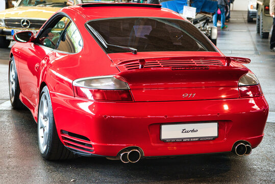 FRIEDRICHSHAFEN - MAY 2019: red PORSCHE 911 996 TURBO coupe 2000 at Motorworld Classics Bodensee on May 11, 2019 in Friedrichshafen, Germany