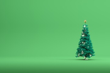 Green Christmas tree with decoration on green color background for copy space. 3D illustration. Christmas concept idea.