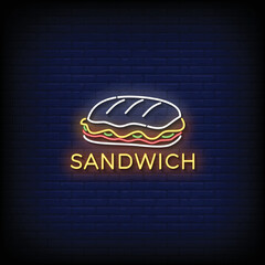 Neon Sign sandwich with brick wall background vector