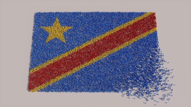 Aerial view of a Crowd of People, gathering to form the Flag of Democratic Republic of Congo. Congolese Banner on White Background.