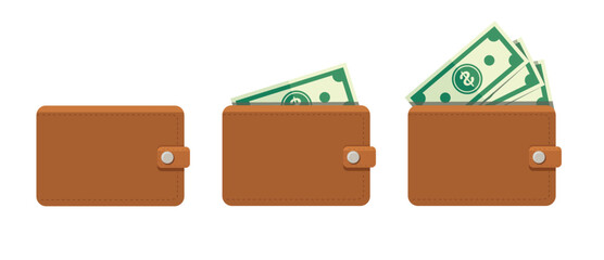 Brown wallet full of green dollars vector illustration