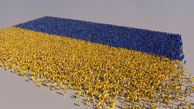 A Crowd of People congregating to form the Flag of Ukraine. Ukrainian Banner on White.