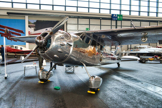 FRIEDRICHSHAFEN - MAY 2019: silver plane CESSNA 195 BUSINESS LINER 1949 at Motorworld Classics Bodensee on May 11, 2019 in Friedrichshafen, Germany