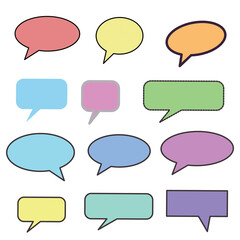 Set different dialog box, frame, speech balloon bubble colorful red violet yellow blue color in black line frame on grey background, Empty blank comment Talk chat speak message, Vector illustration 