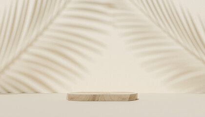 Fototapeta na wymiar 3D beige wood podium or wood stage. wooden mock-up stand product scene background. 3d podium stage illustration render. palm leaves leaf shadow