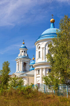 Church of the Presentation of the Blessed Virgin in the city of Minyar, Chelyabinsk region on a sunny summer day
