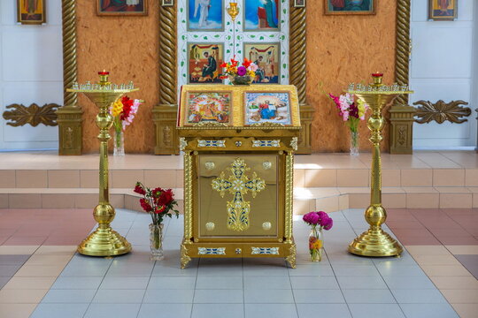 Russia, Chelyabinsk region, July 2021: Church of the Presentation of the Blessed Virgin Mary in the city of Minyar, Chelyabinsk region. interior inside.