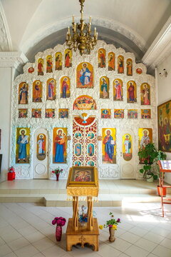 Russia, Chelyabinsk region, July 2021: Church of the Presentation of the Blessed Virgin Mary in the city of Minyar, Chelyabinsk region. interior inside.