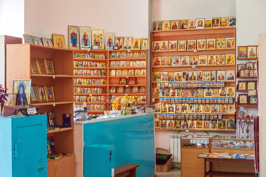 Russia, Chelyabinsk region, July 2021: Church of the Presentation of the Blessed Virgin Mary in the city of Minyar, Chelyabinsk region. interior inside.