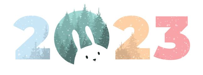 Vector multicolor calendar date 2023, hare among the trees and snowfall. Rabbit peeking out of number 0 isolated on white background. Happy new year 2023 with a bunny in the forest - obrazy, fototapety, plakaty