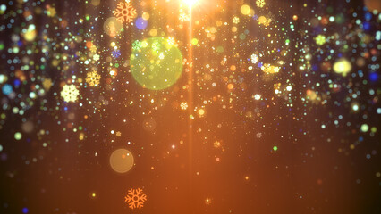 Gold christmas background with particles, snowflakes and shiny lights.