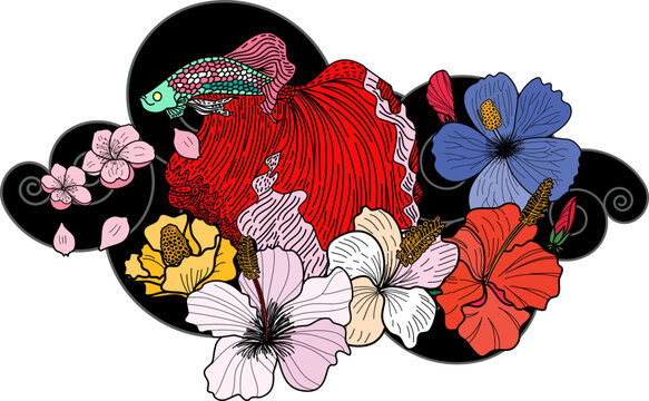 Hand drawn beta fish and sakura vector isolate on white background. colorful Japanese tattoo with red sun and cloud design.