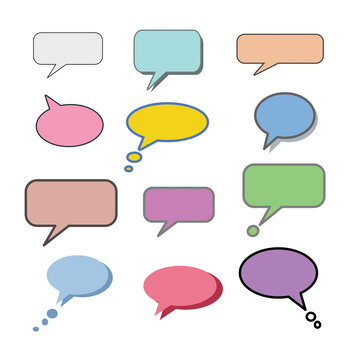 Set different dialog box, frame, speech balloon bubble colorful red violet yellow blue color in black line frame on grey background, Empty blank comment Talk chat speak message, illustration pop art 